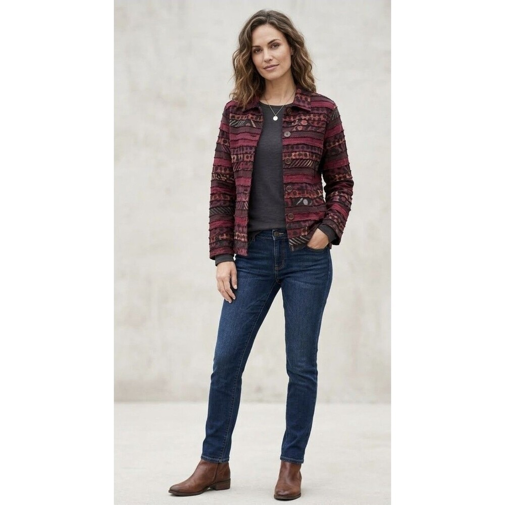 Winter Sun Art To Wear Women Top Size Large Cotton Red Blend Boho Jacket Artsy
